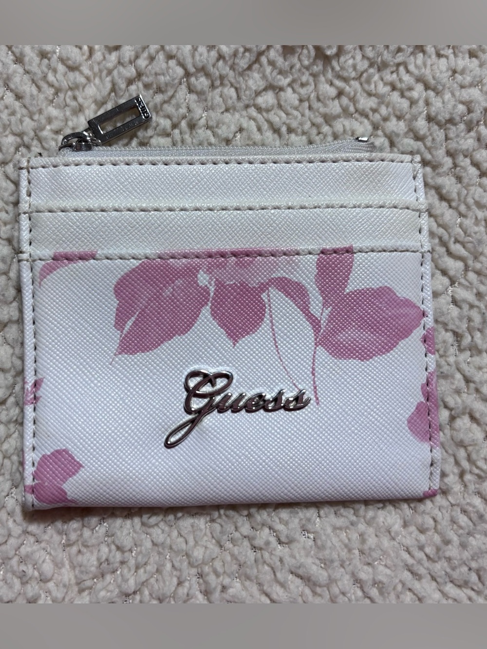 GUESS White Card Holder with Pink Floral Accents
